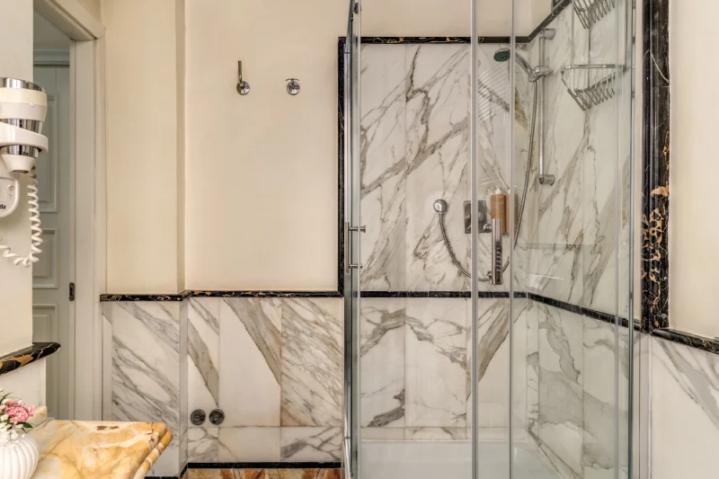 Bathroom with glass shower and marble finishes in hotel near Rome Opera House - Depandance Opera, BZAR hotels in Rome